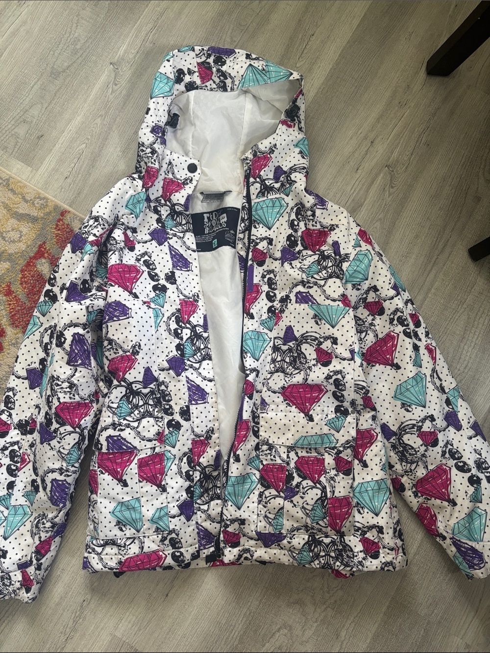 RIDE Snowboards White Puffer Jacket with Pink, Teal & Purple Diamond Print